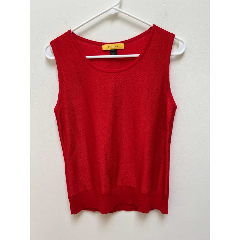 St. John Knit Top Women S Red Sleeveless Scoop Neck Chevron Rayon Wool *READ